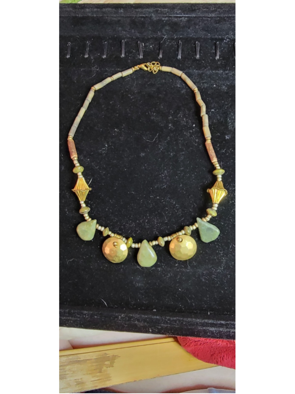 Boho Green Stone Necklace Gold Bead Dangle Statement Artisan Style Chunky Neckla